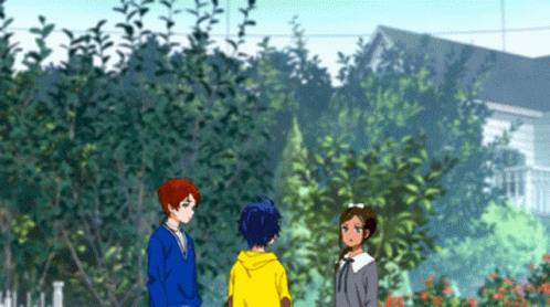 Three Anime Characters Are Standing In Front Of A House Talking To Each Other . GIF