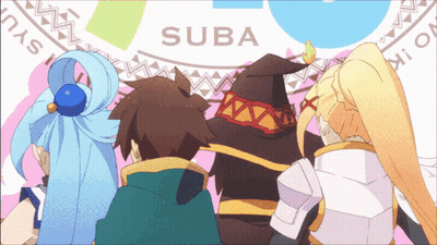 Three Anime Characters Are Standing In Front Of A Sign That Says " Suba " GIF