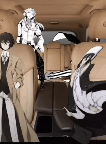 Three Anime Characters Standing Behind Car GIF