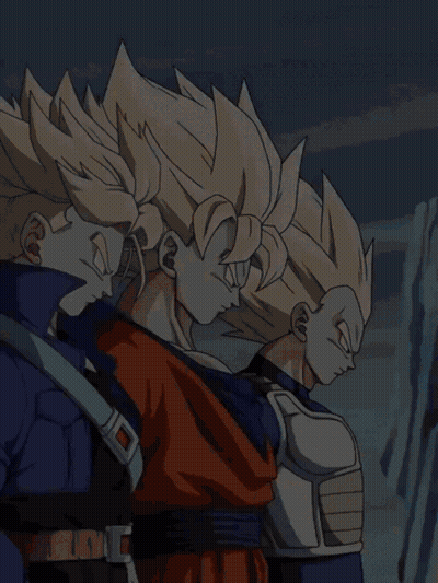 Three Anime Characters Are Standing Next To Each Other And One Of Them Has A Belt Around His Waist GIF