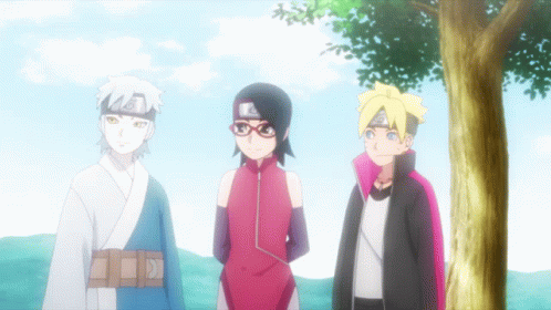 Three Anime Characters Are Standing Next To Each Other And One Of Them Has The Letter A On Her Head GIF
