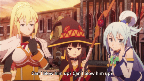 Three Anime Characters Are Standing Next To Each Other And One Of Them Is Asking " Can I Blow Him Up " GIF