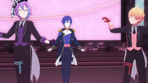 Three Anime Characters Dancing On Pink Stage GIF