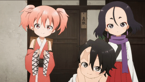 Three Anime Characters In Front Of Door GIF
