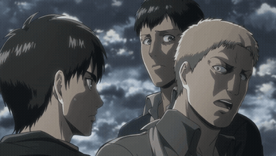 Three Anime Characters Looking At Each Other With M On Forehead GIF