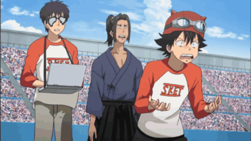 Three Anime Characters One Of Whom Is Wearing A Shirt That Says Syjet On It GIF
