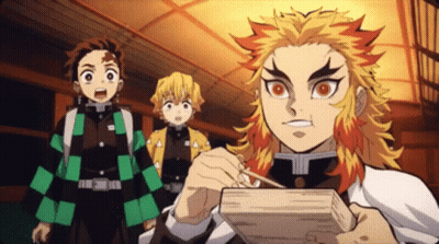 Three Anime Characters, One With Book And Chopsticks GIF