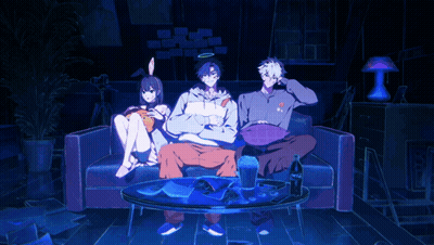 Three Anime Characters Sitting On Couch With Pepsi GIF