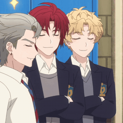 Three Anime Characters Standing Eyes Closed With B Badge GIF
