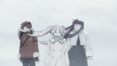 Three Anime Characters Standing In Snow One With Scarf GIF