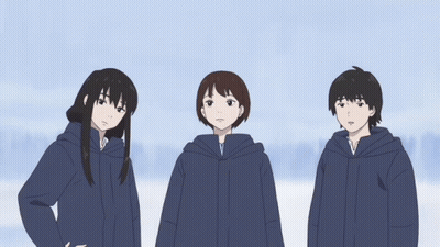 Three Anime Characters Standing Next To Each Other With One Saying " Whoa Scary " GIF