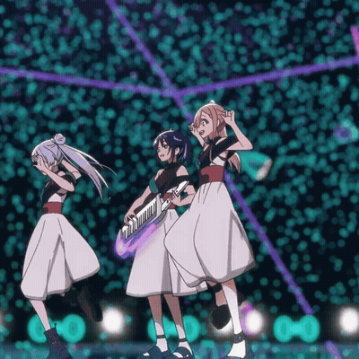 Three Anime Girls Are Dancing On A Stage And One Is Holding A Piano GIF