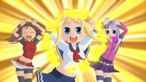 Three Anime Girls Are Dancing With Their Arms In The Air GIF