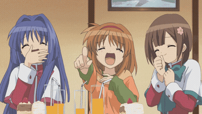Three Anime Girls Are Sitting At A Table Laughing And Drinking Juice GIF