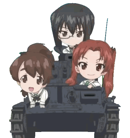 Three Anime Girls Are Sitting In A Tank With The Letter A On The Side Sticker