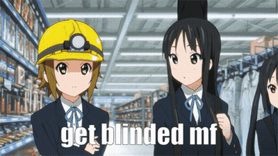 Three Anime Girls Are Standing In A Store With The Words Get Blinded Mf Written On The Bottom GIF