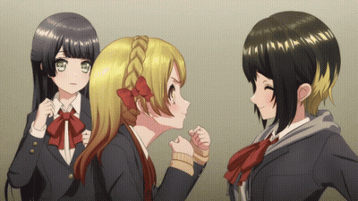 Three Anime Girls Are Standing Next To Each Other And One Has A Braided Headband GIF