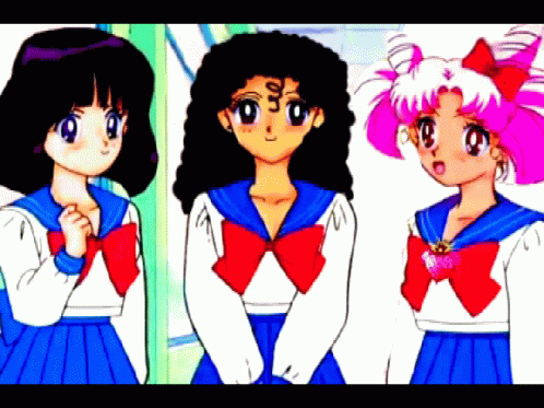 Three Anime Girls Are Standing Next To Each Other In A Room GIF
