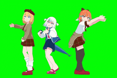 Three Anime Girls Are Standing Next To Each Other On A Green Background GIF