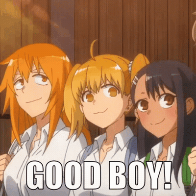 Three Anime Girls Are Standing Next To Each Other With The Words Good Boy Written On The Bottom Of The Image GIF
