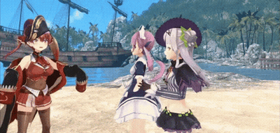 Three Anime Girls Are Standing On A Beach In Front Of A Ship GIF