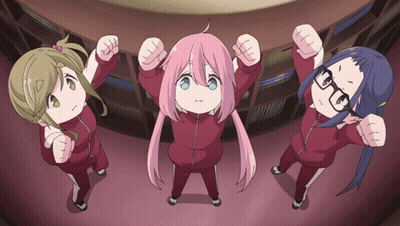 Three Anime Girls Are Standing Together With Their Hands In The Air GIF
