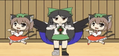 Three Anime Girls Dancing In Front Of Wooden Wall GIF