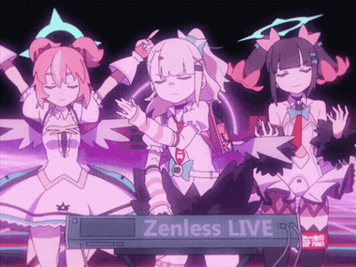 Three Anime Girls Dancing In Front Of Zenless Live Sign GIF