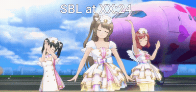 Three Anime Girls Dancing Near Pink Airplane SBL GIF
