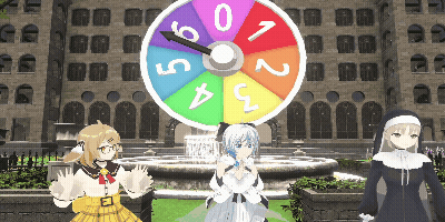 Three Anime Girls In Front Of Spinning Wheel GIF