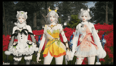 Three Anime Girls In Red Flower Field With ZDL GIF