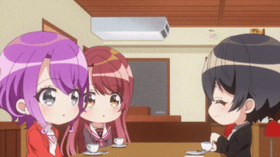 Three Anime Girls Sitting At Table With Tea Cups GIF