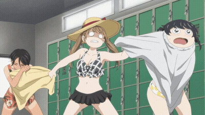 Three Anime Girls Standing In Front Of Green Lockers GIF