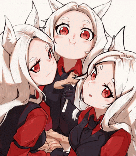 Three Anime Girls With Red Eyes And White Hair GIF