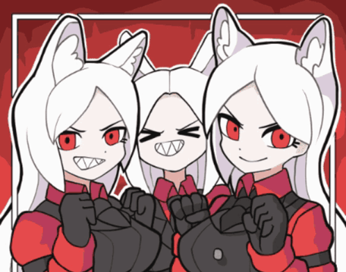 Three Anime Girls With White Hair And Red Eyes GIF