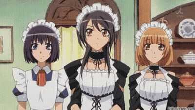 Three Anime Maids Are Standing Next To Each Other In A Room .. GIF