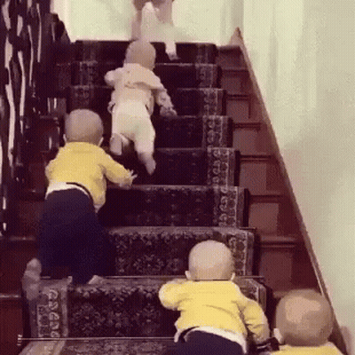 Three Babies Are Climbing Up A Set Of Stairs Together . GIF