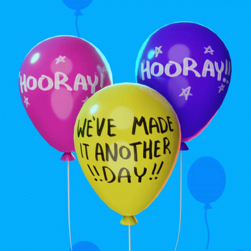 Three Balloons With The Words " Hooray " Written On Them GIF
