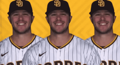 Three Baseball Players In San Diego Padres Uniforms GIF