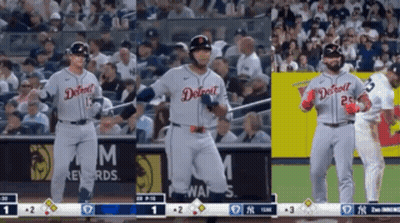 Three Baseball Players Wearing Detroit Uniforms Are Running On The Field GIF