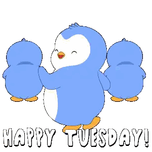 Three Blue Penguins Are Standing Next To Each Other With The Words Happy Tuesday In White Letters Sticker