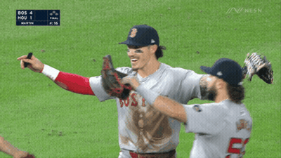 Three Boston Red Sox Baseball Players Are Hugging Each Other GIF