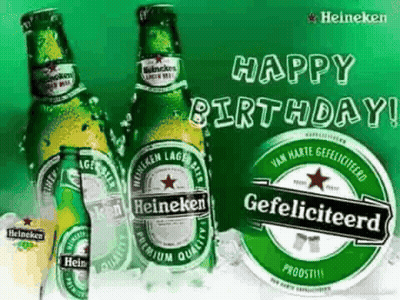 Three Bottles Of Heineken Beer On Ice With A Happy Birthday Message GIF