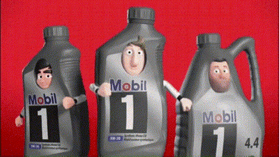 Three Bottles Of Mobil 1 Are Dressed Up As Cartoon Characters GIF