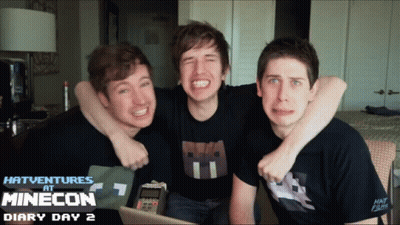 Three Boys Are Posing For A Photo With The Words Next Ventures At Minecon Diary Day 2 On The Bottom GIF
