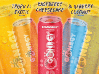Three Cans Of Gonrgy Tropical Exotic Raspberry Cheesecake Blueberry Coconut On A Yellow Background GIF