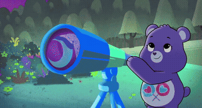 Three Care Bears Sitting On Crescent Moon GIF