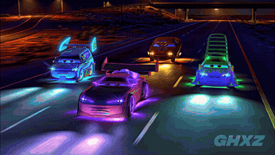 Three Cars Driving Down Highway At Night With Ghxz GIF