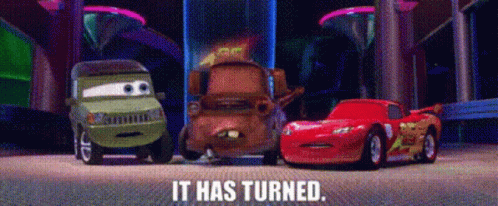 Three Cars From The Movie Cars Are Standing Next To Each Other GIF
