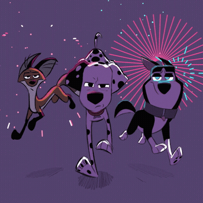 Three Cartoon Animals In Front Of Fireworks GIF
